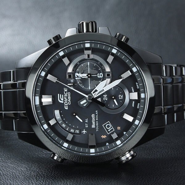 QUARTZ WATERPROOF SPORTS EDIFICE SOLAR POWERED STAINLESS STEEL STRAP MENS BLACK ANALOG EQB-510DC-1A - Image 4