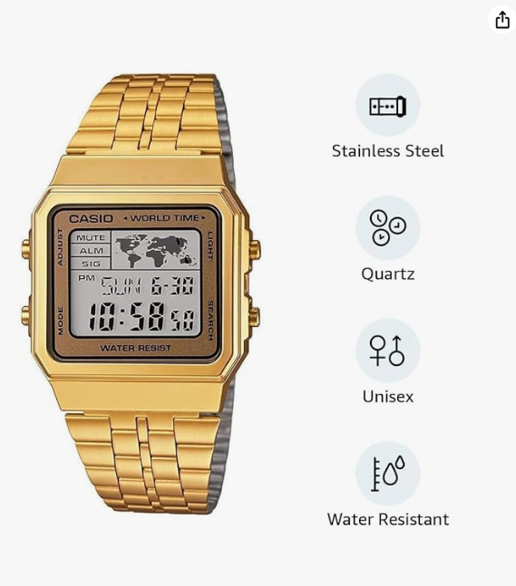 Vintage A500WGA-9DF Digital Multicolor Dial Unisex Watch Gold Metal Strap (D134) - Image 4