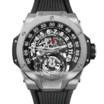 technical specifications case reference 910.NX.0001.RX Size 54.1 x 41.5 mm case Shiny Microblasted Titanium water resistance 30m or 3 ATM crystal Sapphire with Anti-reflective Treatment dial Hours, minutes, power reserve: Indicated by Anodized Black Aluminium Cylinders. Seconds Indicated by Anodized black aliminium Fastened on the Suspended Tourbillon movement movement HUB9013 Manufacture Self-winding Power Reserve and Skeleton Tourbillon inclined at 35° power reserve Approx. 48 Hours strap & clasp strap Black Structured Rubber Straps clasp Titanium Deployant Buckle Clasp